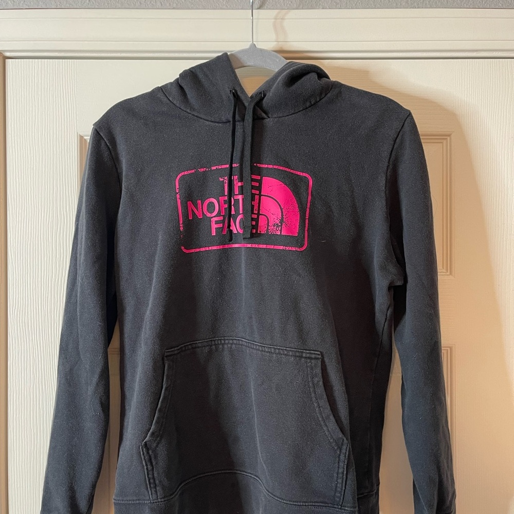 The North Face Black Hoodie with Pink Logo